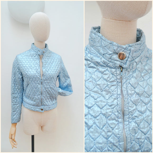 1970s Blue lamé quilted jacket - Small