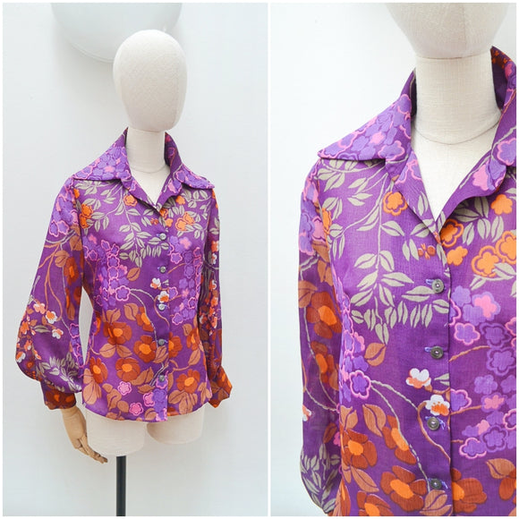 1970s Purple floral blouse - Small