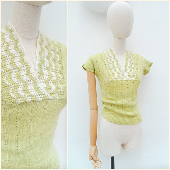 1950s Chartreuse knit sweater top - Extra small