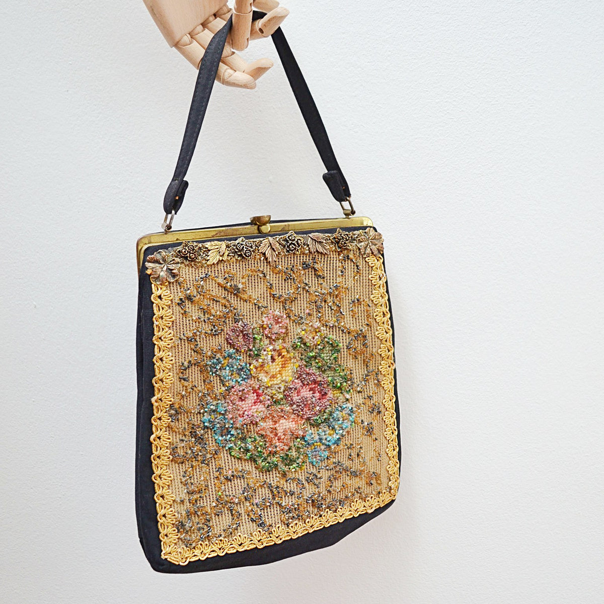 1930s Ornate brasswork beaded tapestry handbag – Vera Mode Vintage