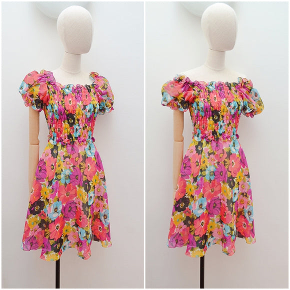 1960s 70s Printed floral chiffon puffed sleeve dress - Extra small