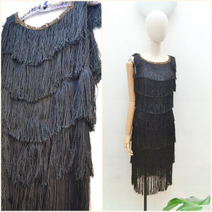 1930s Silk & lamé fringed evening dress - Small