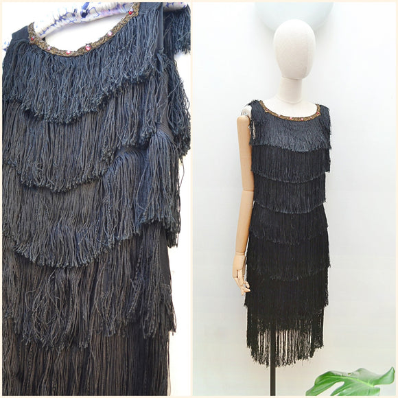 1930s Silk & lamé fringed evening dress - Small