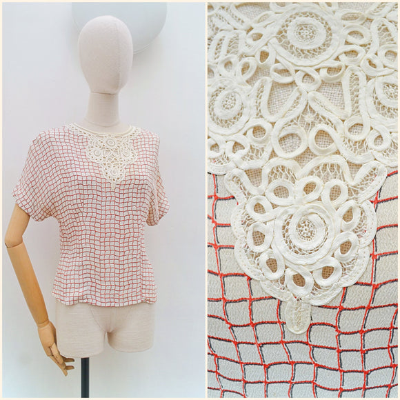 1930s 40s Handmade lace crepe blouse - Extra small