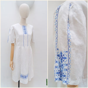 1940s Hand embroidered linen dress - Large