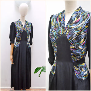 1940s Printed crepe & rayon evening dress - Extra small