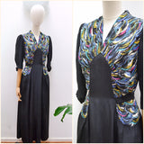 1940s Printed crepe & rayon evening dress - Extra small