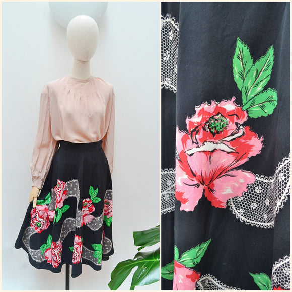 1940s Appliqué effect rose print skirt - Small