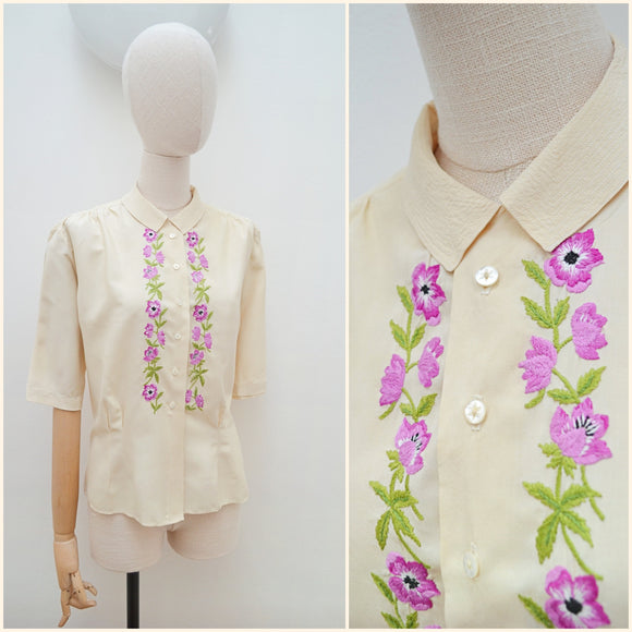 1940s Hand embroidered silk blouse - Extra x Large plus size