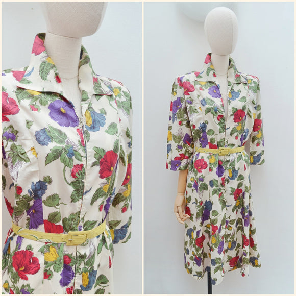 1940s Floral zip front dress - XL