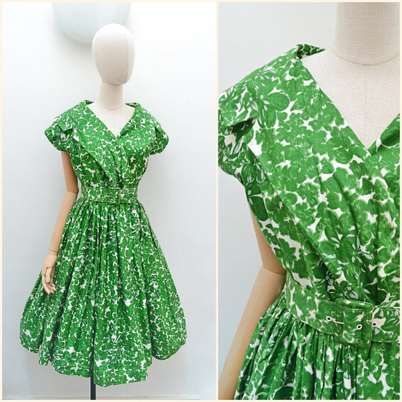 1950s Portrait collar green floral dress - S