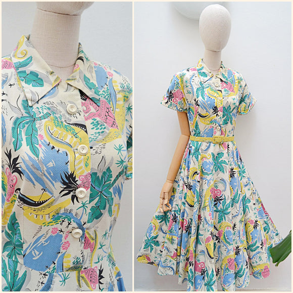 1950s Novelty Tropical print dress - Small