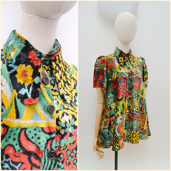 1970s Patchwork print velveteen tunic top - Extra small