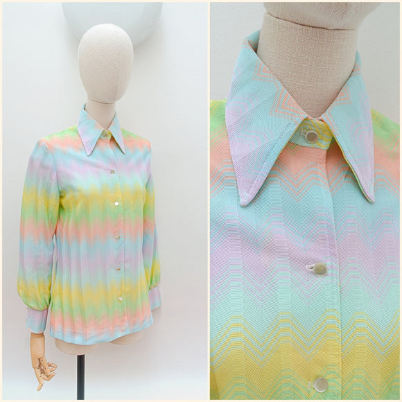 1970s Zig zag jersey blouse - Small