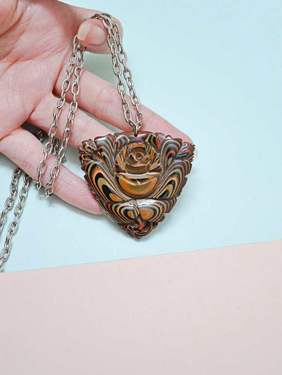 Carved Iro Urushi rose pendent necklace