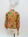1970s Printed pussybow blouse - Extra small