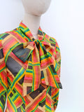 1970s Printed pussybow blouse - Extra small