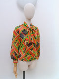 1970s Printed pussybow blouse - Extra small
