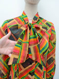 1970s Printed pussybow blouse - Extra small