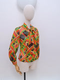 1970s Printed pussybow blouse - Extra small