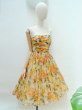 1950s Floral chiffon strapless dress - Extra small Small