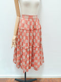 1950s Printed terracotta tiered cotton skirt - Extra small