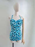 1950s Teal bubble print cotton swimsuit - Large
