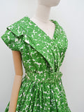 1950s Portrait collar green floral dress - S