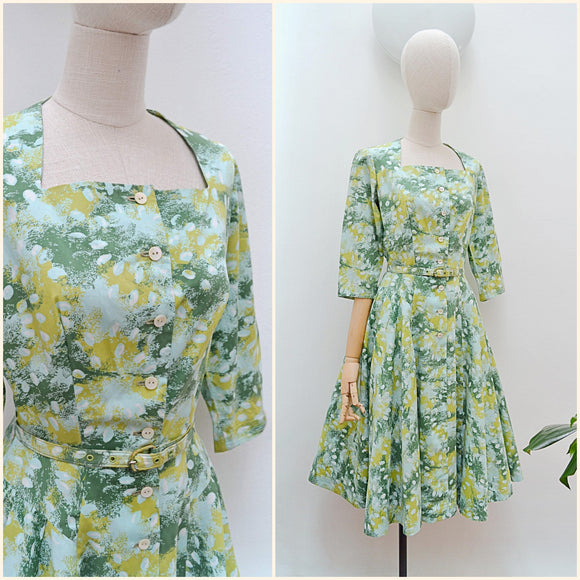 1950s Printed cotton day dress - Small