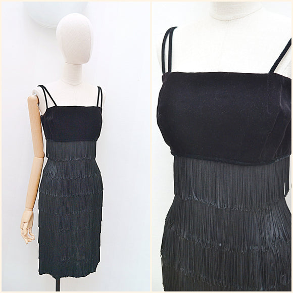 1950s Fringed black velvet party dress - Extra small