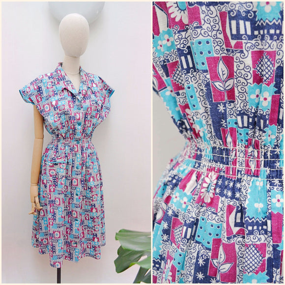 1940s Printed cotton dress - Small Medium