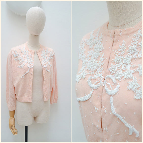 1950s Beaded floral & ribbon motif lambswool cardigan - Large