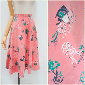 1950s Novelty boulevard print cotton skirt - Small