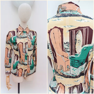 1970s Novelty print skinny blouse - Extra small