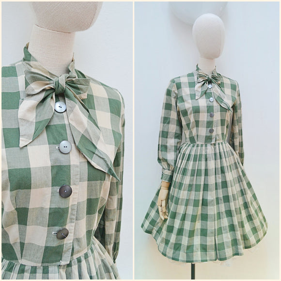 1950s Bow tie neck cotton day dress - Extra small