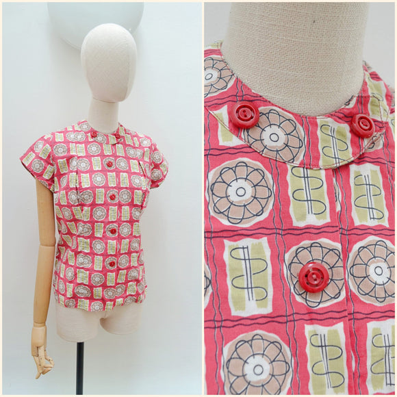 1950s Abstract print cotton blouse - Small Medium