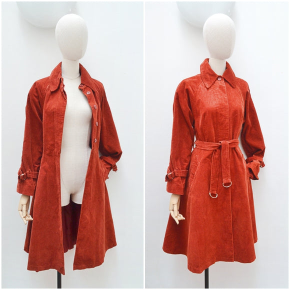 1970s Rust red corduroy mackintosh coat - Extra small