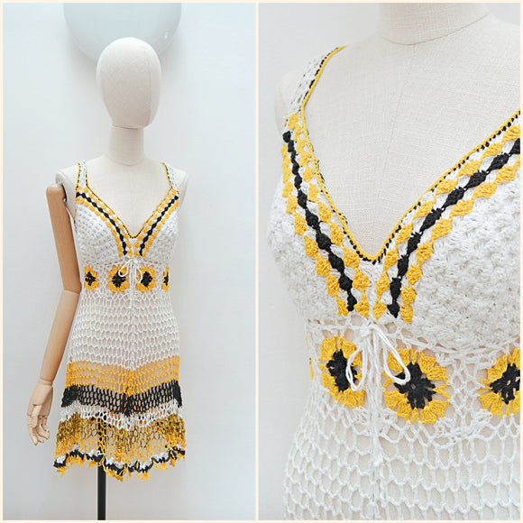 1970s White crocheted coverup dress - Extra small