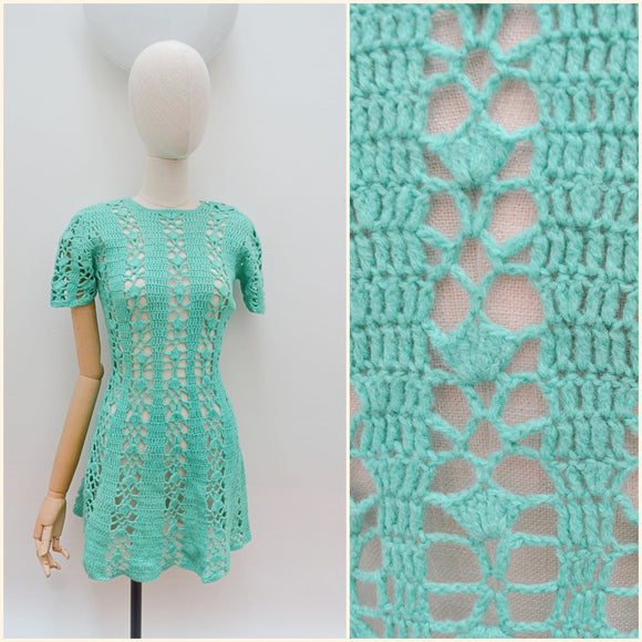 1960s Aqua green crochet mini dress - Small