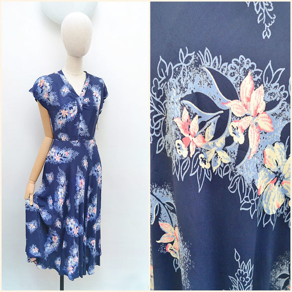 1940s Daffodil print rayon dress - Extra small