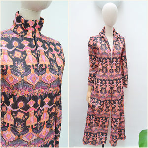 1970s Novelty print zip front jumpsuit - Small