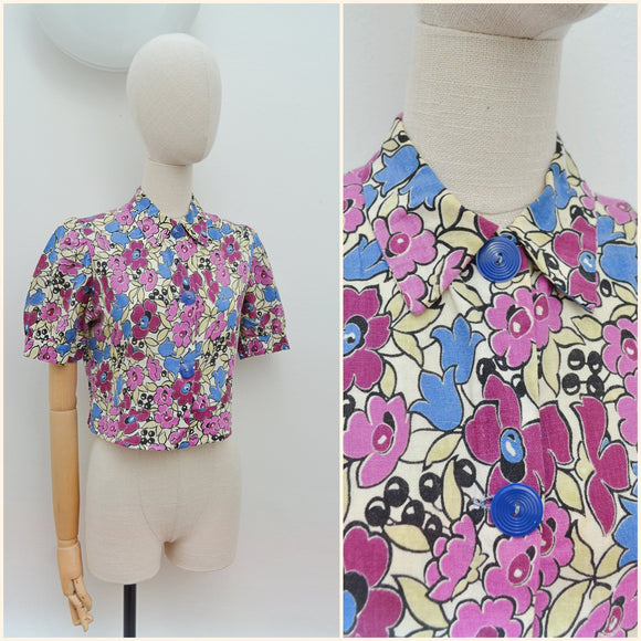 1930s Cotton printed blouse - Extra small