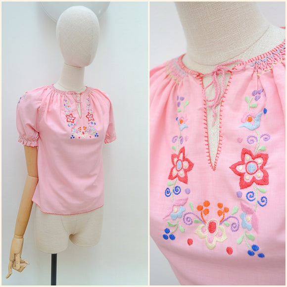 1960s Hand embroidered folk blouse - Extra small