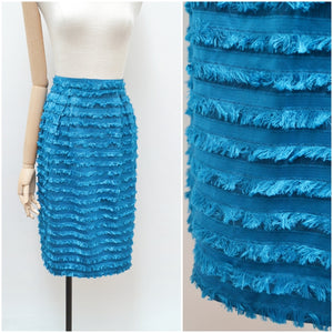 1950s Teal fluffy fringe silk skirt - Small