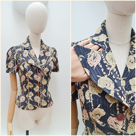 1970s Novelty dancer print blouse - Extra small