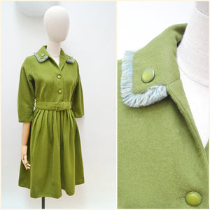 1950s Fringed collar wool dress - Small