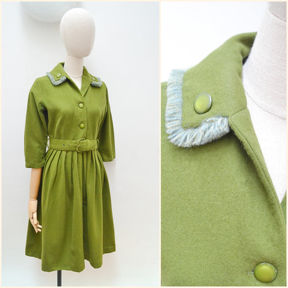 1950s Fringed collar wool dress - Small