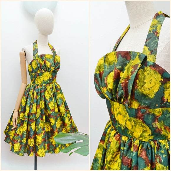 1950s Floral halterneck party dress - Small