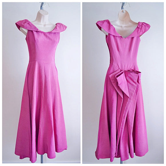 1930s 40s Pink faille bustle back full length evening dress - Extra X small
