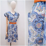 1940s Blue printed cotton dress with pockets - Large Extra large